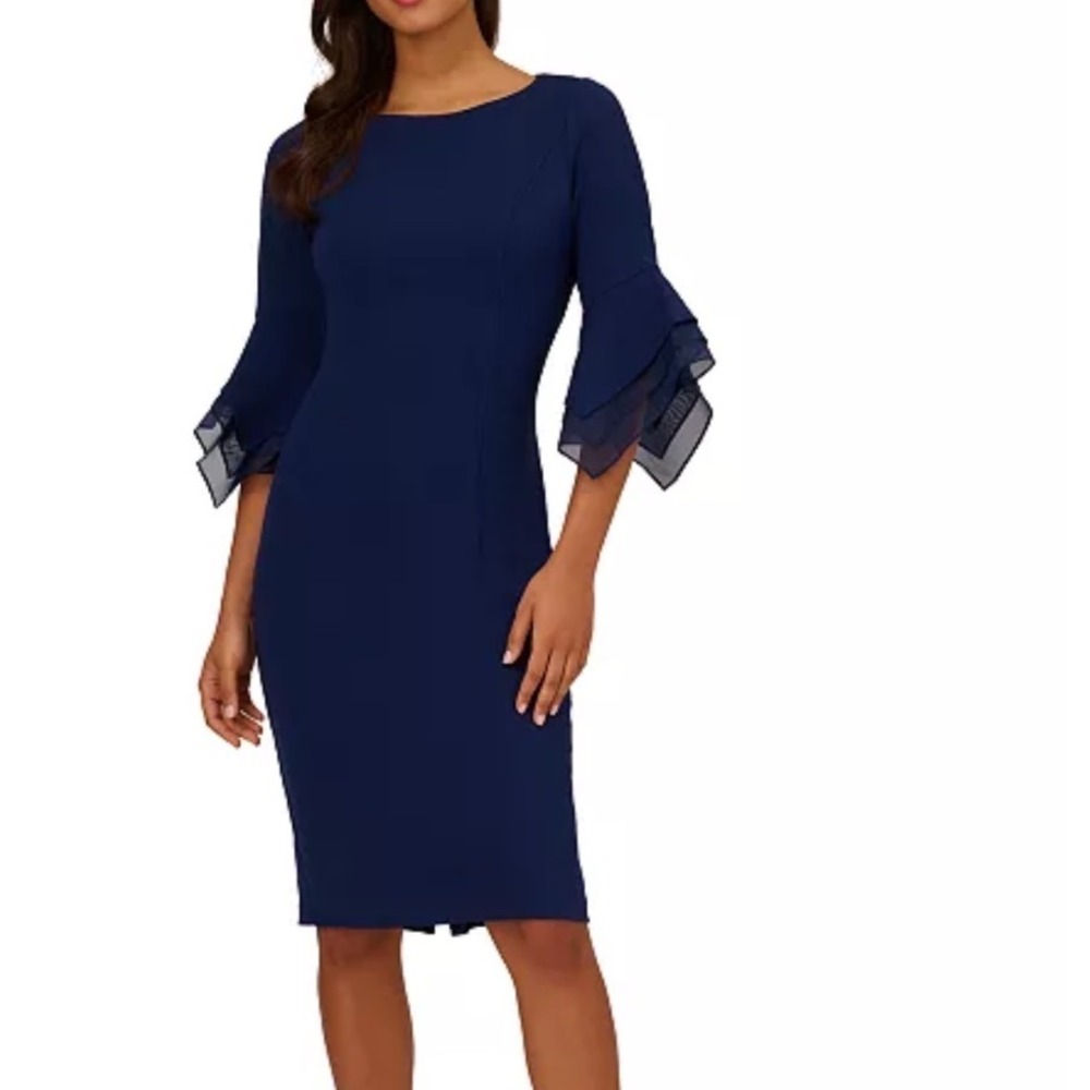 Adrianna Papell Sheath Dress Women 10 Navy Blue NWT Tiered Sleeve MSRP $149
